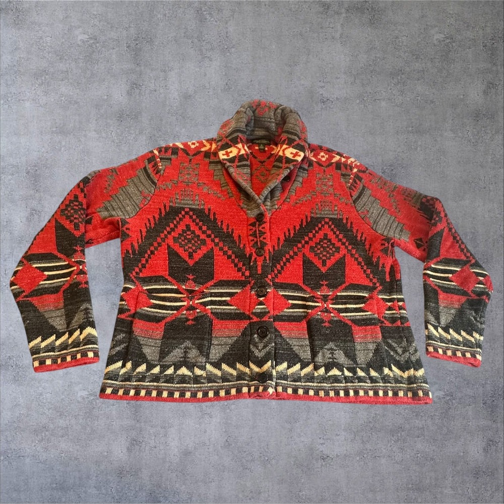 Lauren Ralph Lauren Cardigan Womens XL Red Southwestern Shawl Collar Excellent - Picture 1 of 12